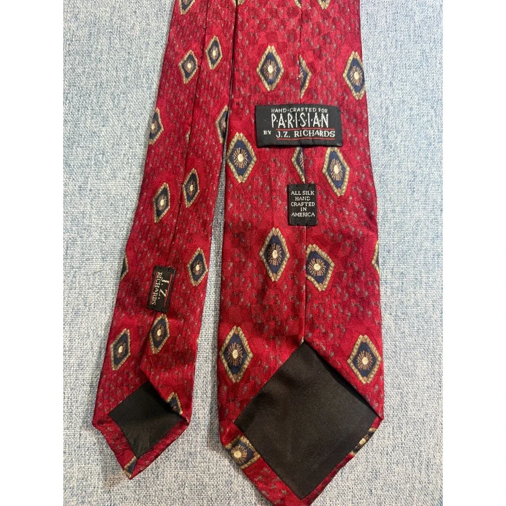 J.Z. Richards Red with Gold Geometric Pattern 100% Silk Tie